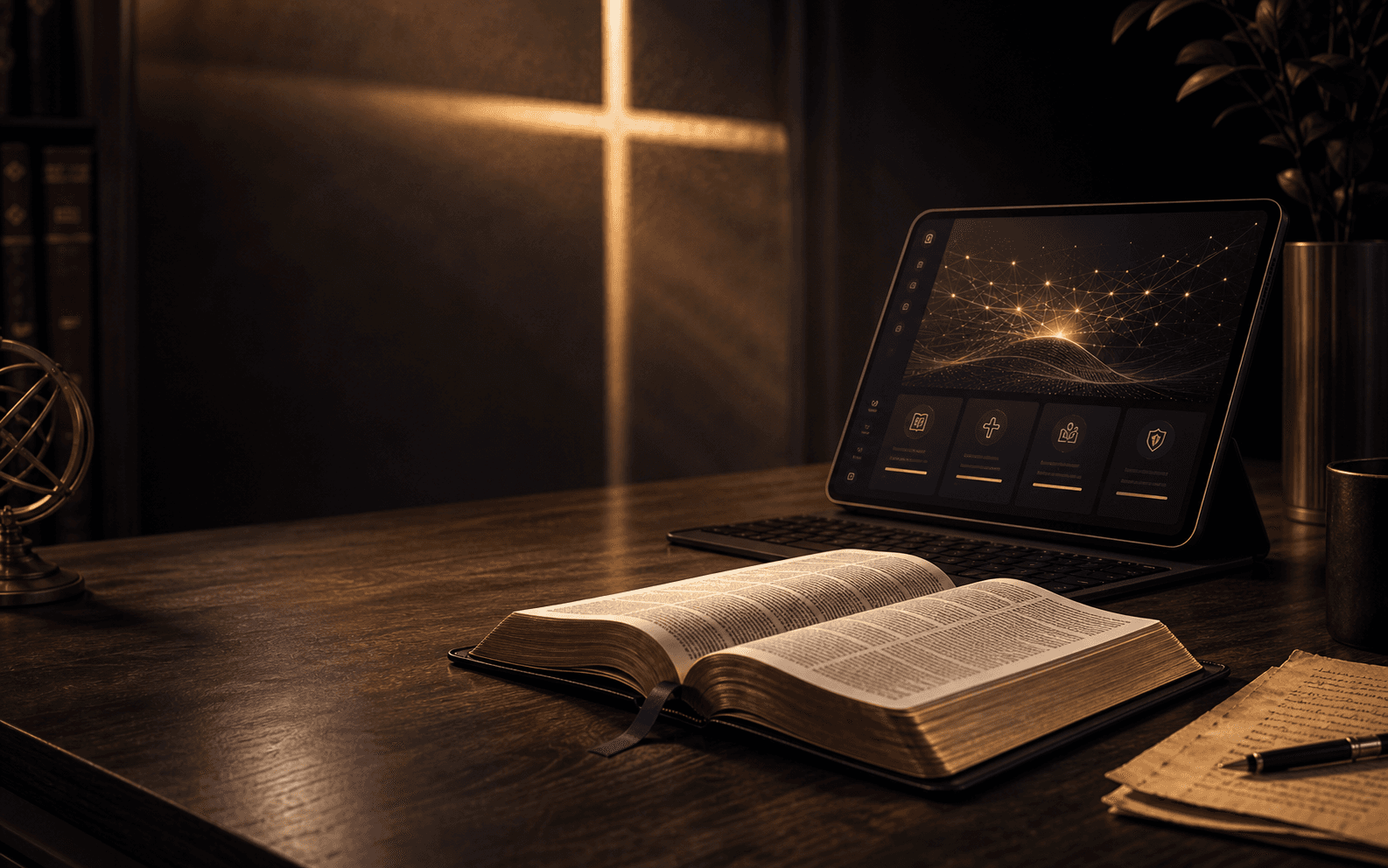An open Bible beside a tablet showing a golden digital learning interface