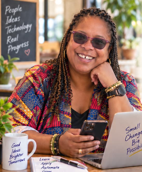 Denise Parris smiling, seated with her phone and laptop.
