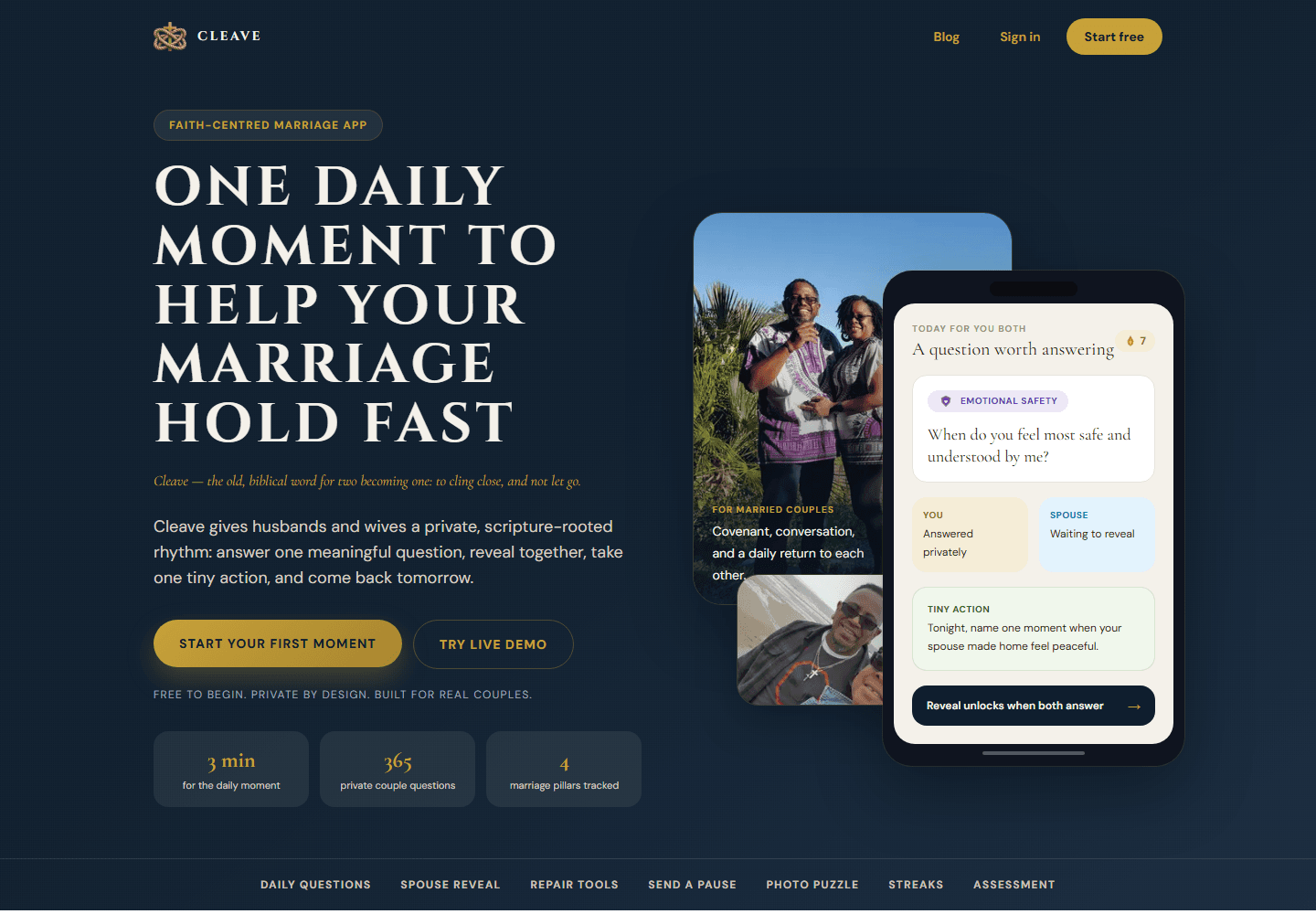 Cleave homepage showing a daily marriage question and covenant-centred product cards.