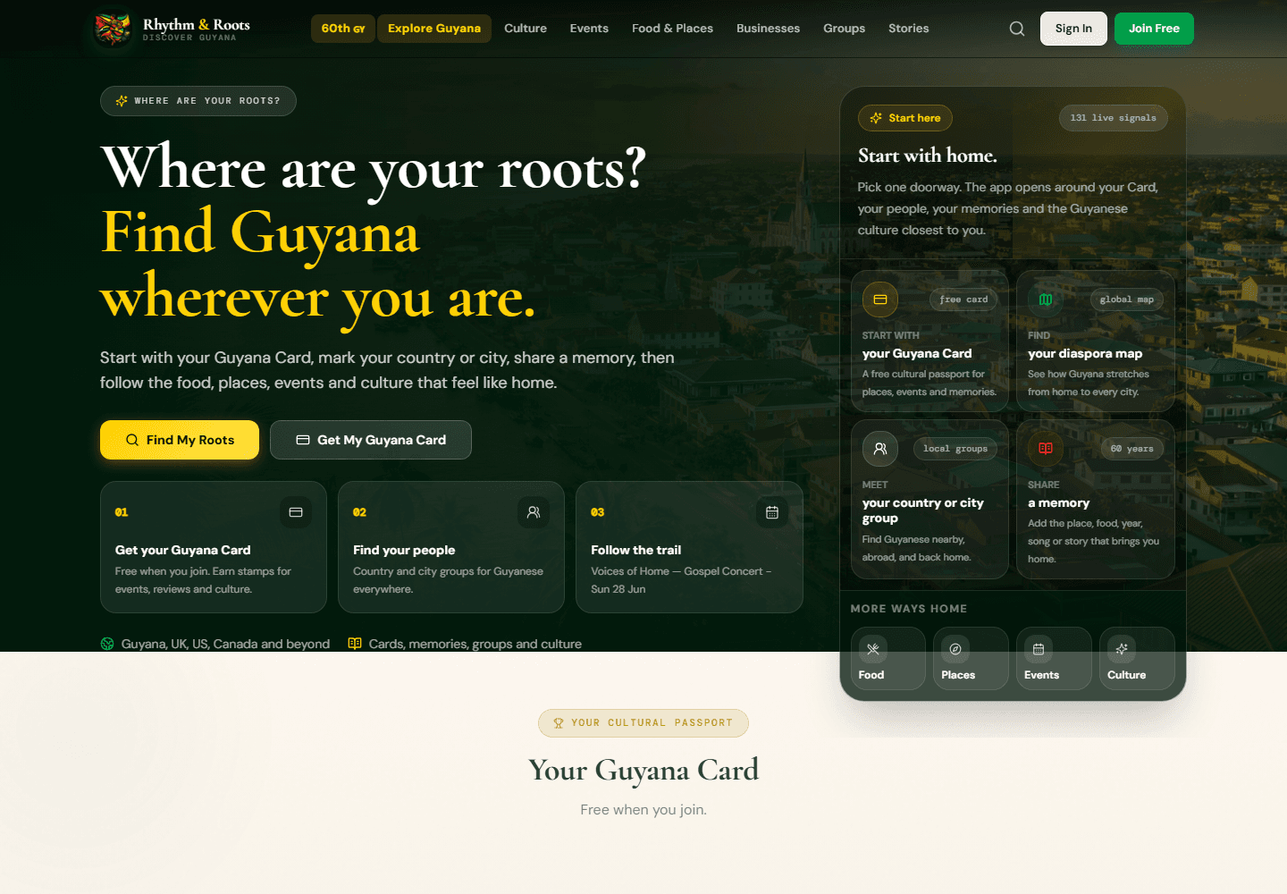 GoGuyana Rhythm and Roots homepage showing Guyana discovery cards and culture pathways.