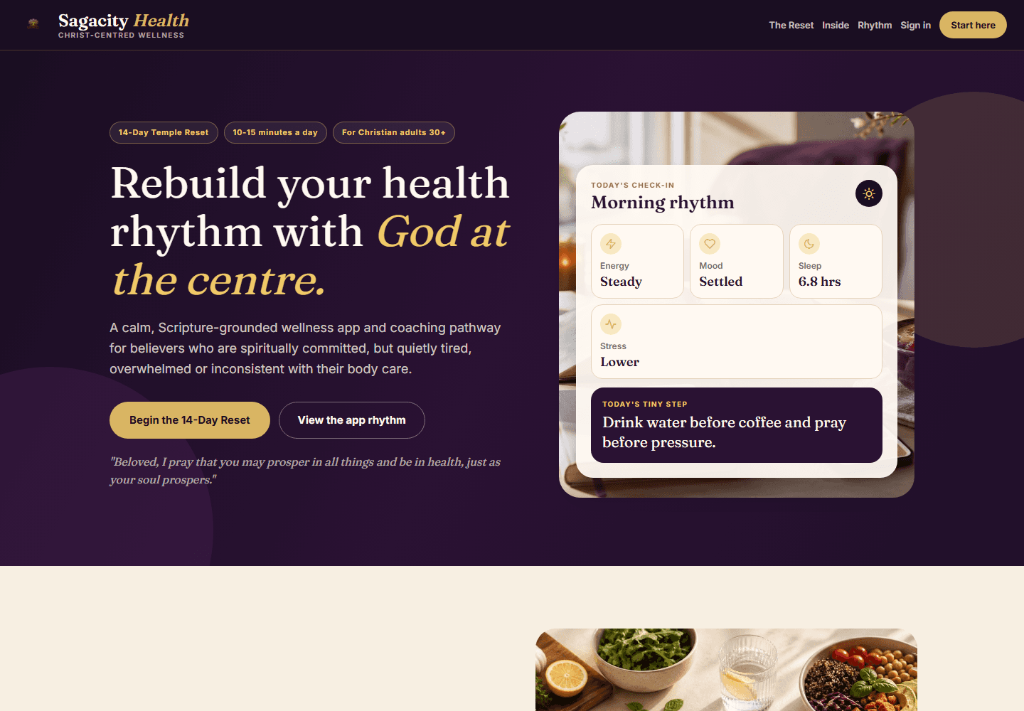 Sagacity Health homepage showing the morning rhythm check-in and wellness reset message.