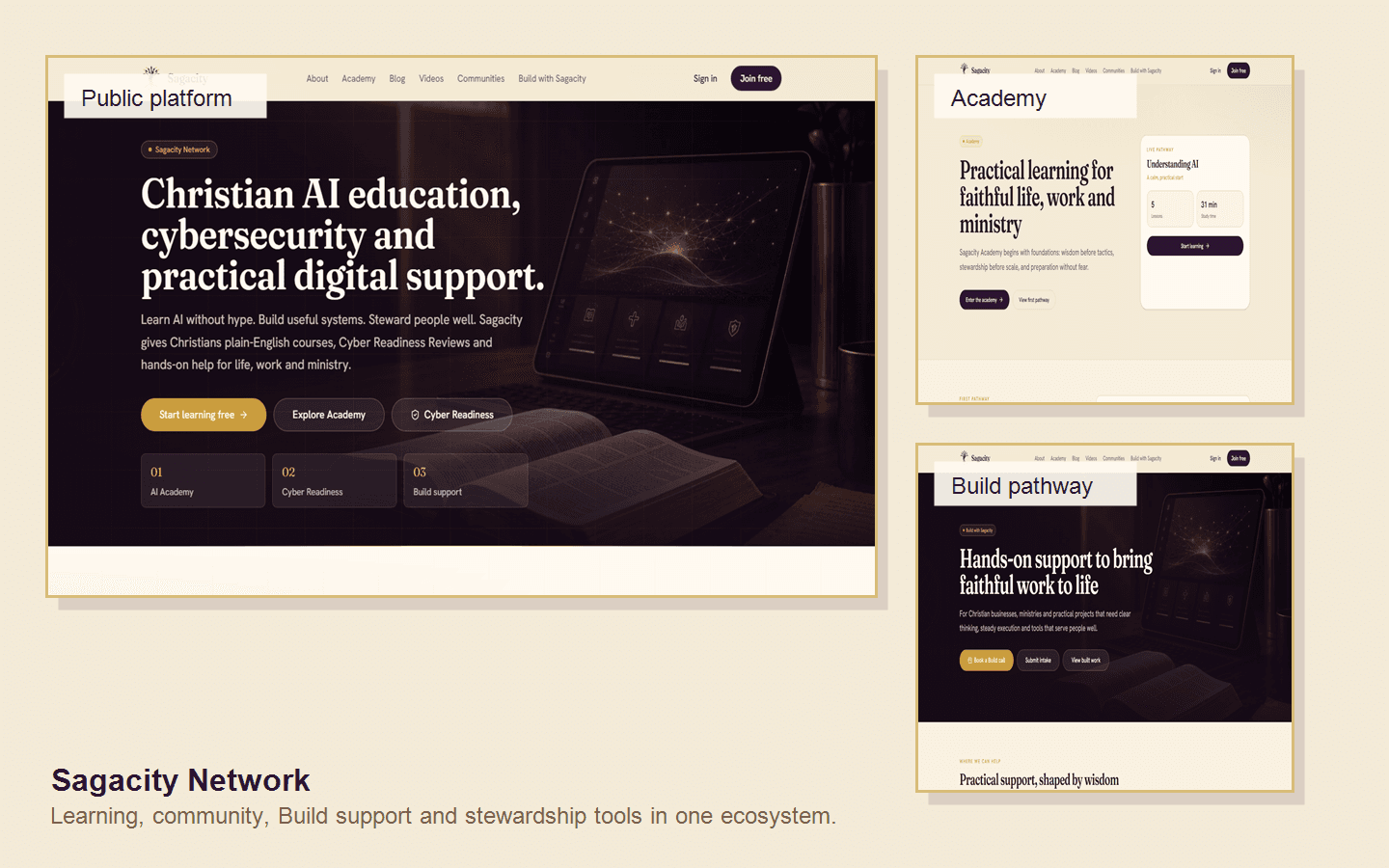 Sagacity Network platform collage showing the public homepage, Academy and Build pathway.