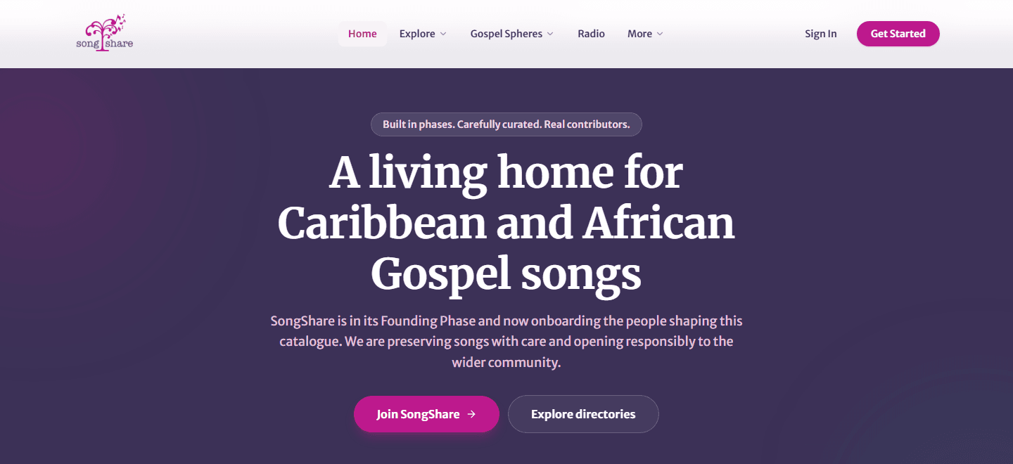 SongShare homepage showing the living home for Caribbean and African Gospel songs.