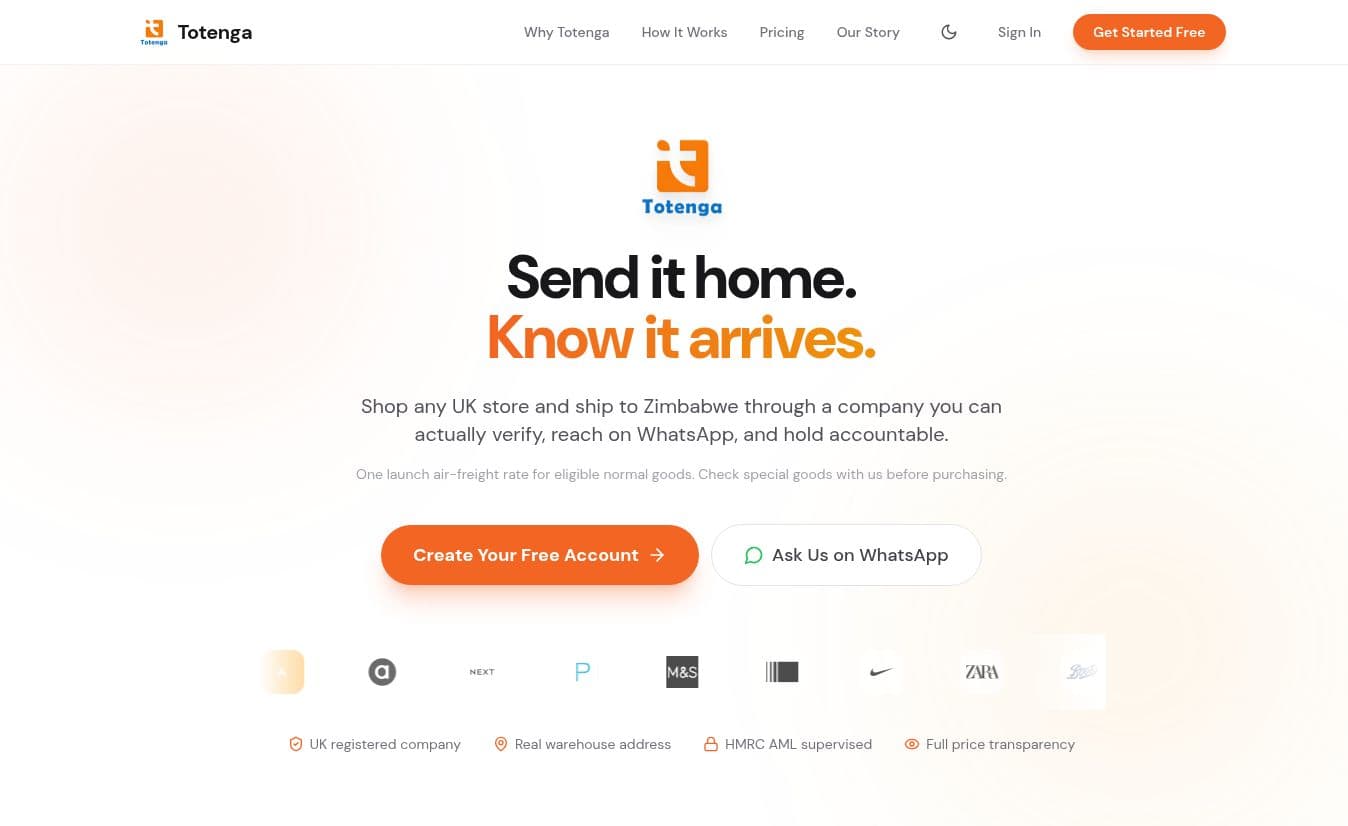 Totenga homepage showing UK-to-Zimbabwe parcel forwarding and the Send it home message.